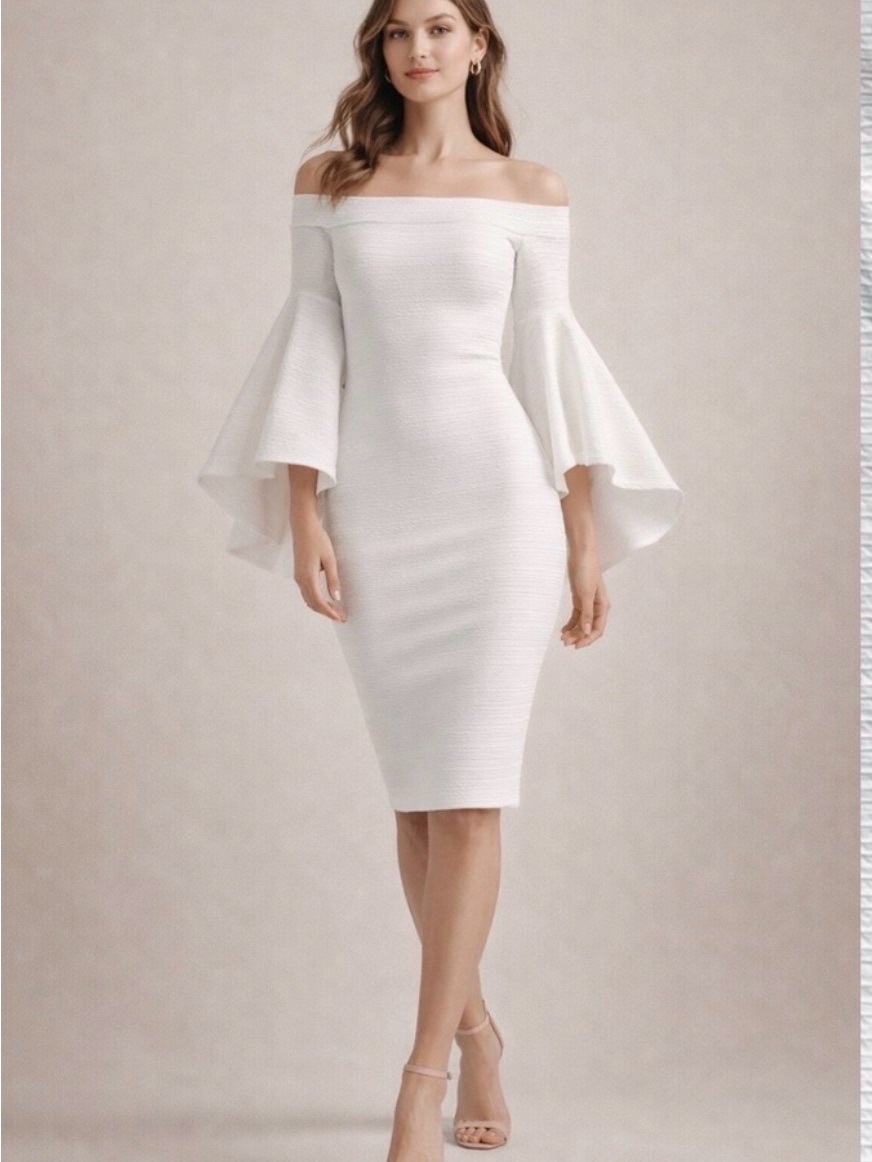 Bisou Bisou White Off-Shoulder Bell-Sleeve Midi Dress